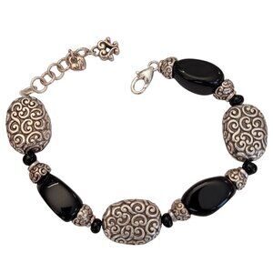 Brighton Silver Tone Textured Black Glass Bracelet 8.25” Long K332